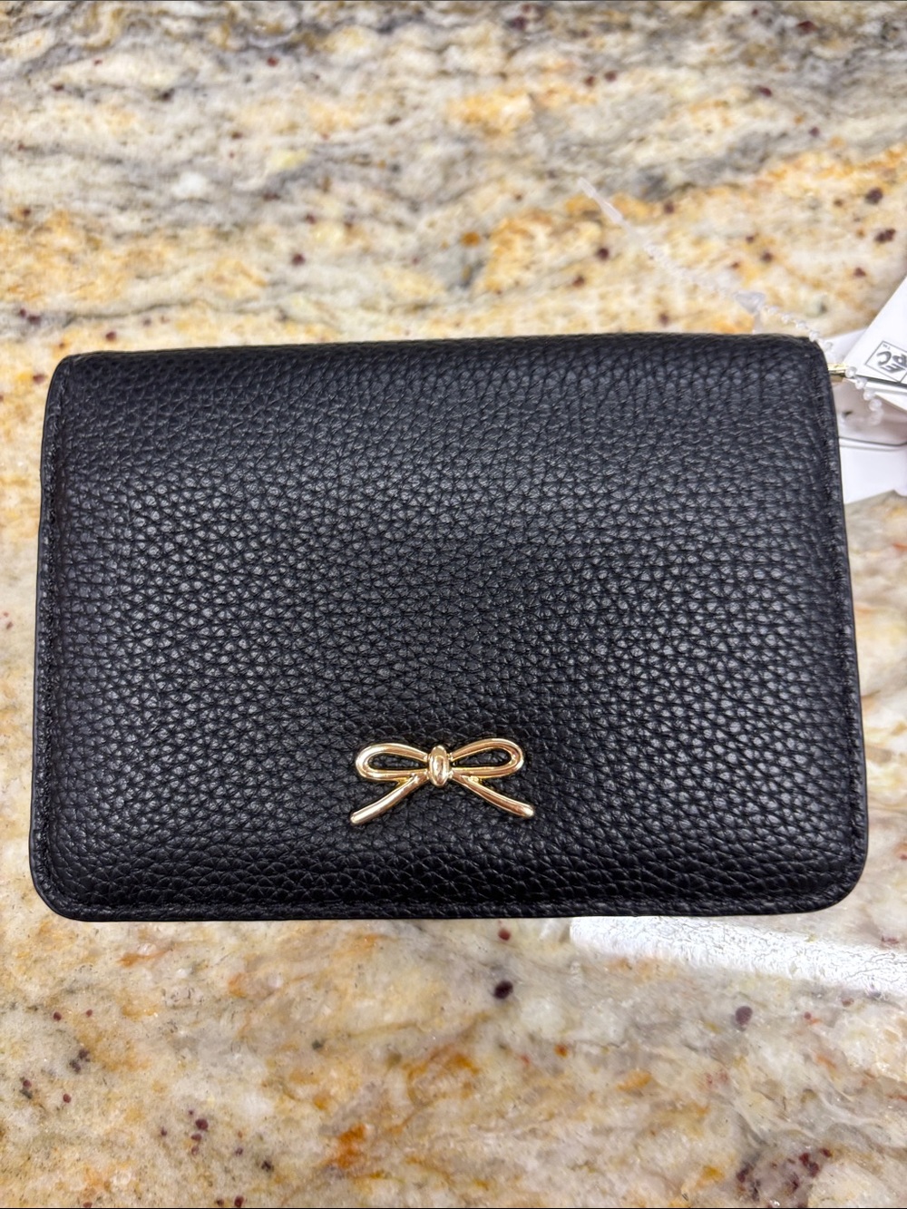 Pebbled Black Leather Wallet with Gold Bow Accent